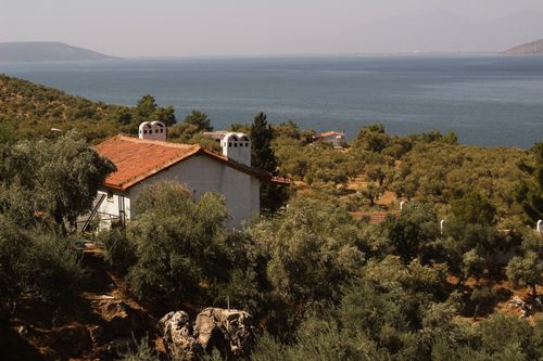 Free Scenic view of a rural house and olive groves by the Mediterranean sea. Stock Photo