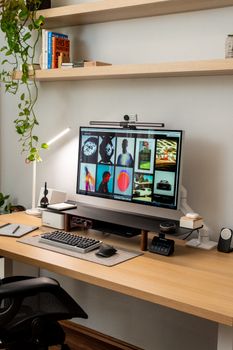 Stylish home office desk featuring a modern computer setup and clean aesthetic.