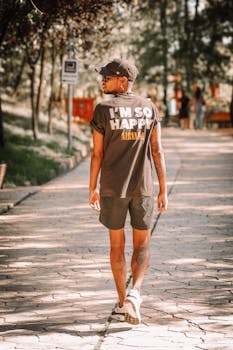 Back view of a stylish teenager walking on a park path in Tirana, Albania.