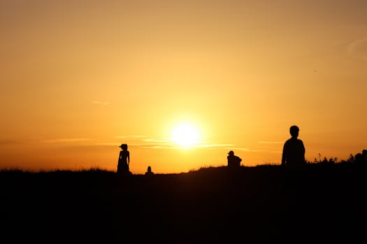 Silhouettes against a sunset, creating a serene and warm atmosphere with vibrant colors.