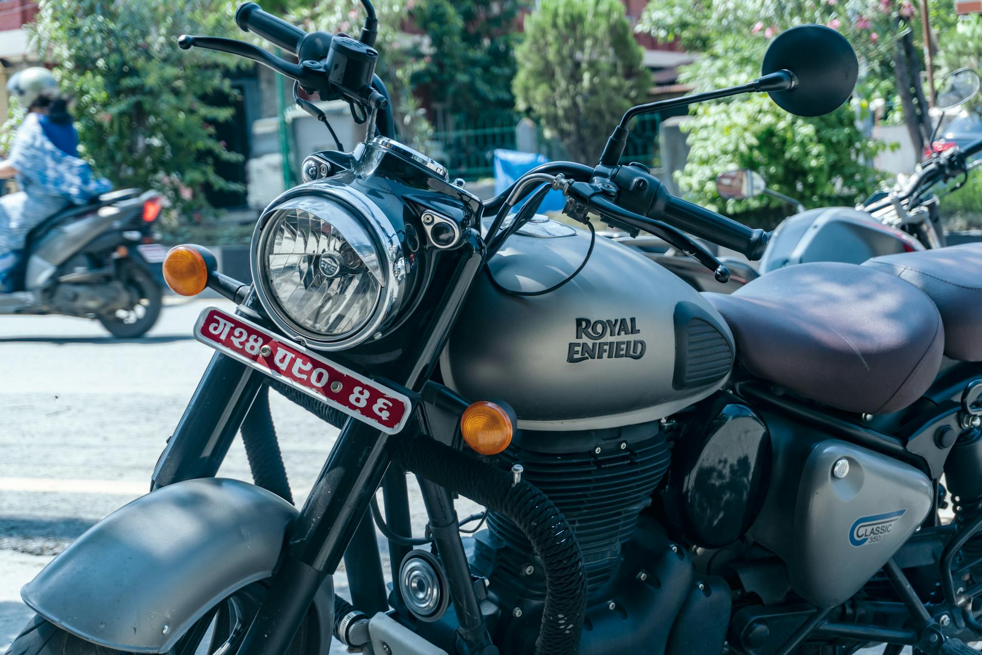 Close-Up of Classic Royal Enfield Motorcycle Outdoors