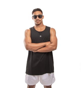 Confident male athlete wearing black tank top and shorts against a clean backdrop.