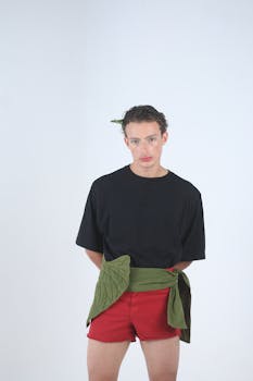 Stylish portrait of a young adult in red shorts and black t-shirt on a white background.