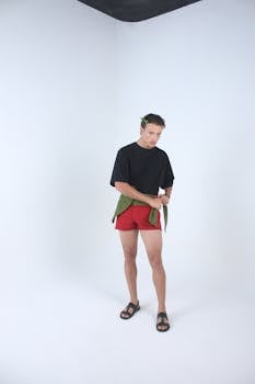 Modern fashion portrait of a male model standing in minimalist backdrop.