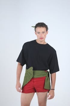 Modern fashion portrait featuring a stylish male in shorts with a minimalist background.