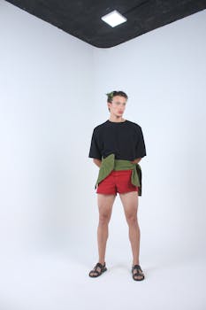 Young adult posing in modern fashion ensemble in minimalist studio setting.
