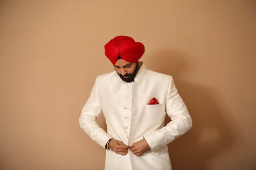 Elegant man in white suit with red turban adjusts jacket indoors.