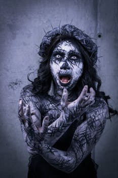 Creepy figure in horror makeup and ominous pose. Perfect for Halloween themes.