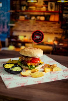 Gourmet burger topped with fresh ingredients, served with fries and dips in a cozy restaurant setting.