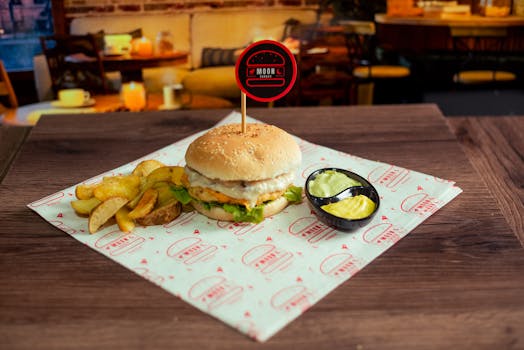 A tasty cheeseburger with fries and sauces served on a wooden table with cozy background.
