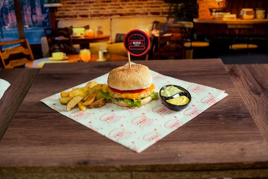 Appetizing cheeseburger with fries and dips on a wooden table, perfect for food lovers.