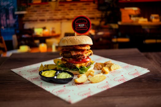 Savory gourmet burger with crispy fries, sauces, and indoor dining ambiance.