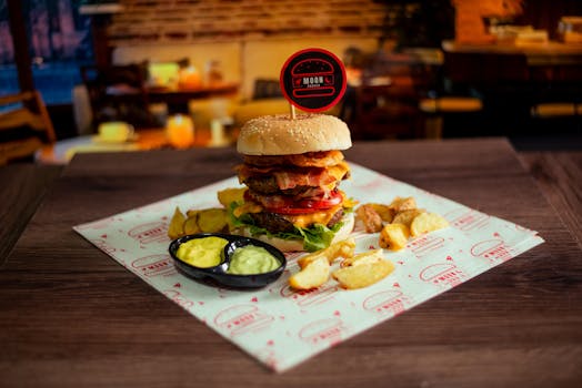 Delicious gourmet burger with crispy bacon, fresh veggies, and potato wedges served in a cozy setting.