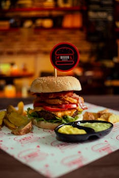 Close-up of a juicy burger with toppings and sides on a restaurant table, showcasing delicious fast food.