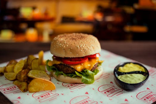 Mouthwatering cheeseburger with potato wedges and dipping sauces in a cozy indoor setting.