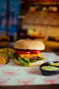 Mouth-watering cheeseburger with fresh veggies and crispy potato wedges on a table.