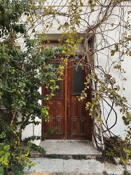 Free Rustic wooden door entwined with lush greenery in Bozcaada, Türkiye. Stock Photo