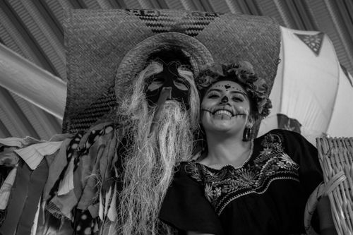 Free Black and white photo featuring a lively Day of the Dead celebration in Tecamachalco, México. Stock Photo