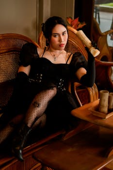 Elegant gothic woman in black dress holding scroll, seated in vintage wicker chair