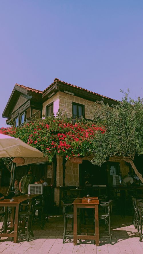 Free Cozy outdoor café with floral decoration on a sunny day, showcasing rustic architecture. Stock Photo