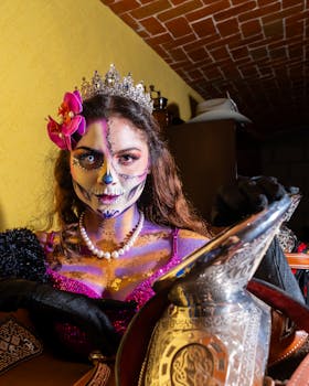 Vibrant portrait of a woman as Catrina for the Day of the Dead celebration.