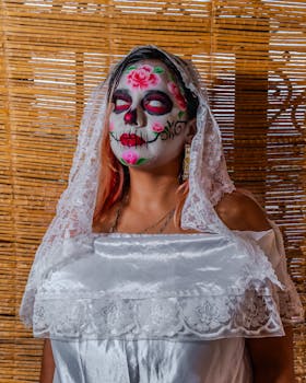 Vibrant portrait of a woman dressed as Catrina with traditional face paint and lace veil, embodying Mexican heritage.