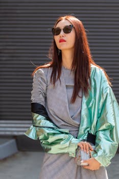 Stylish woman in sunglasses and a trendy jacket posing outdoors in urban setting.
