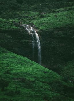 Tranquil waterfall cascading through a verdant green forested hillside under moody lighting.