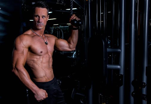 Athletic male exercising indoors, showcasing strong physique in a gym environment.
