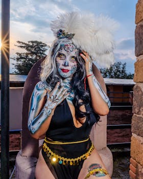 Vibrant Day of the Dead Catrina makeup portrait with intricate face paint and feathers.