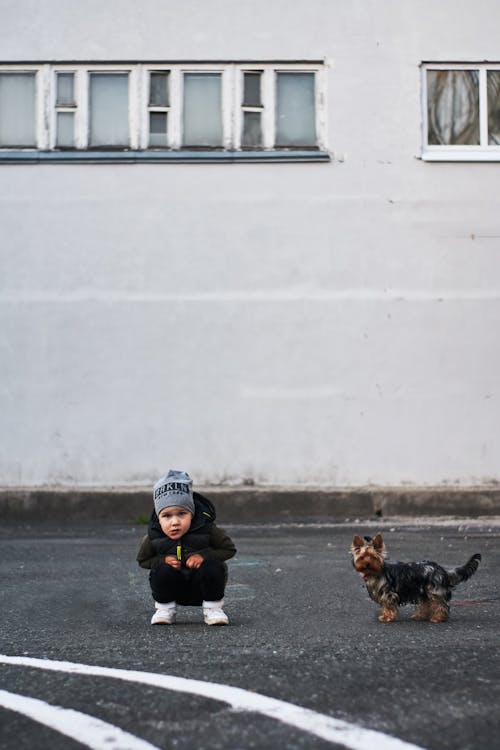 Photo of Little Boy Squatting Next to a Dog