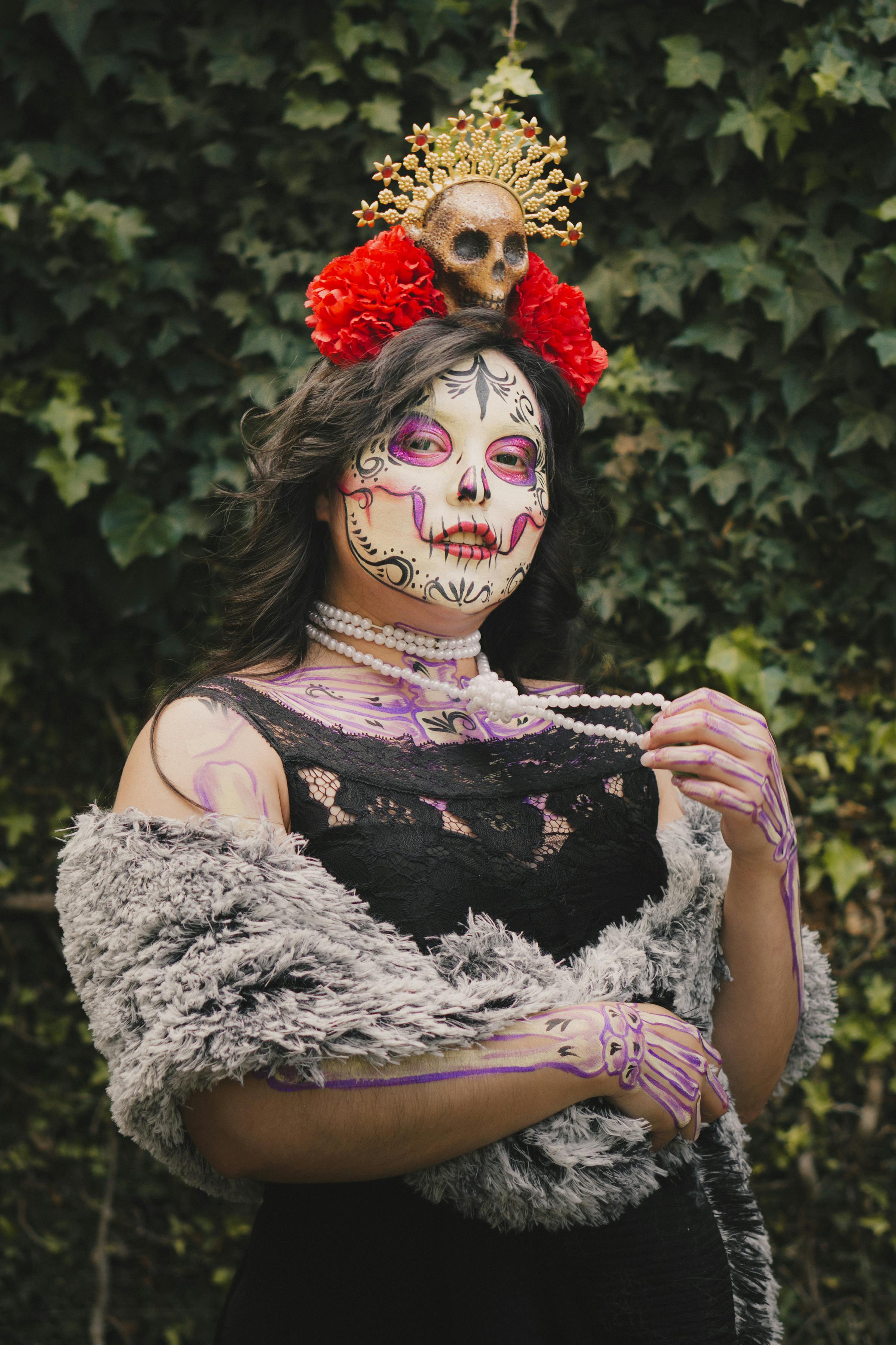 elegant day of the dead themed portrait outdoors