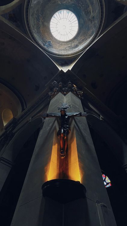 Dramatic Church Interior with Crucifix · Free Stock Photo