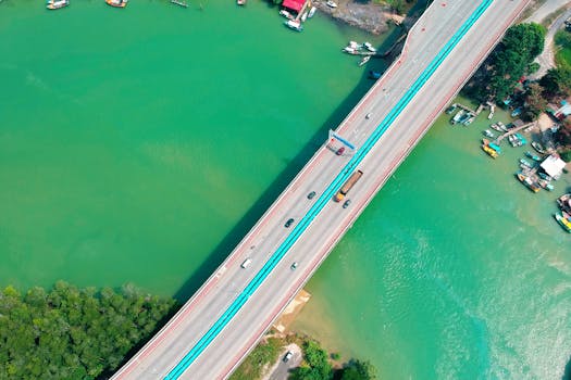 Drone capture of a bridge spanning turquoise waters, with boats nearby, showcasing a vibrant landscape.