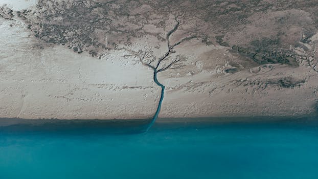 Stunning aerial view of a tranquil river delta merging with a blue body of water in Iceland's rugged landscape.