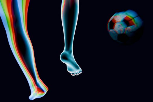 Artistic rendering of colorful legs kicking a soccer ball with a heatmap effect.