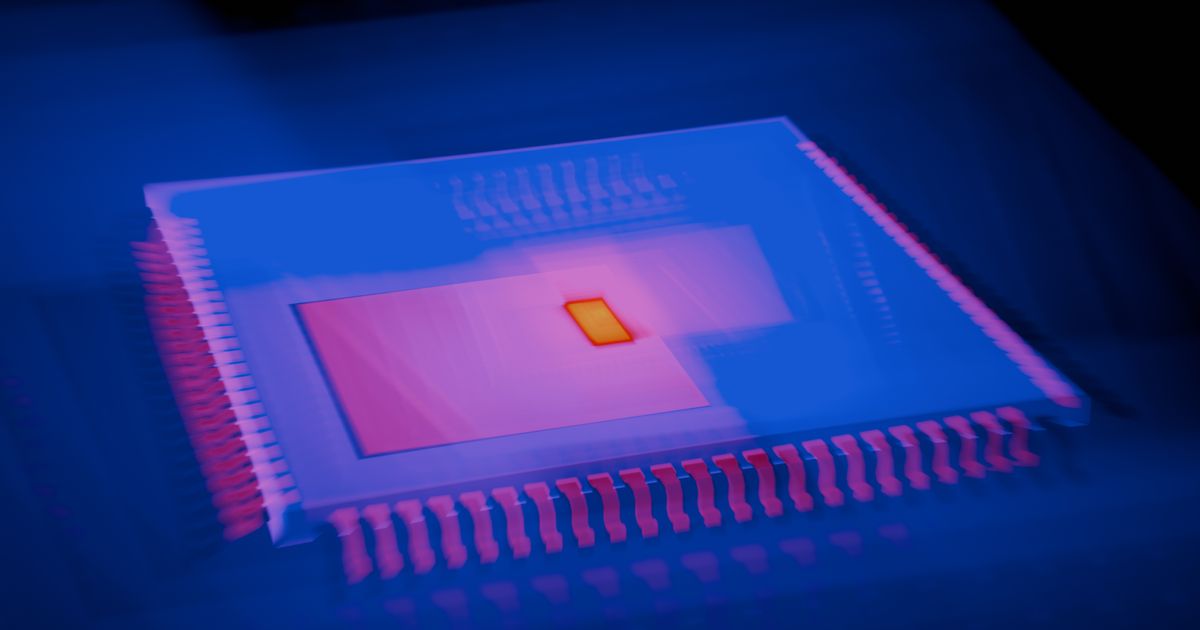 Abstract image of a microchip rendered in heatmap colors.