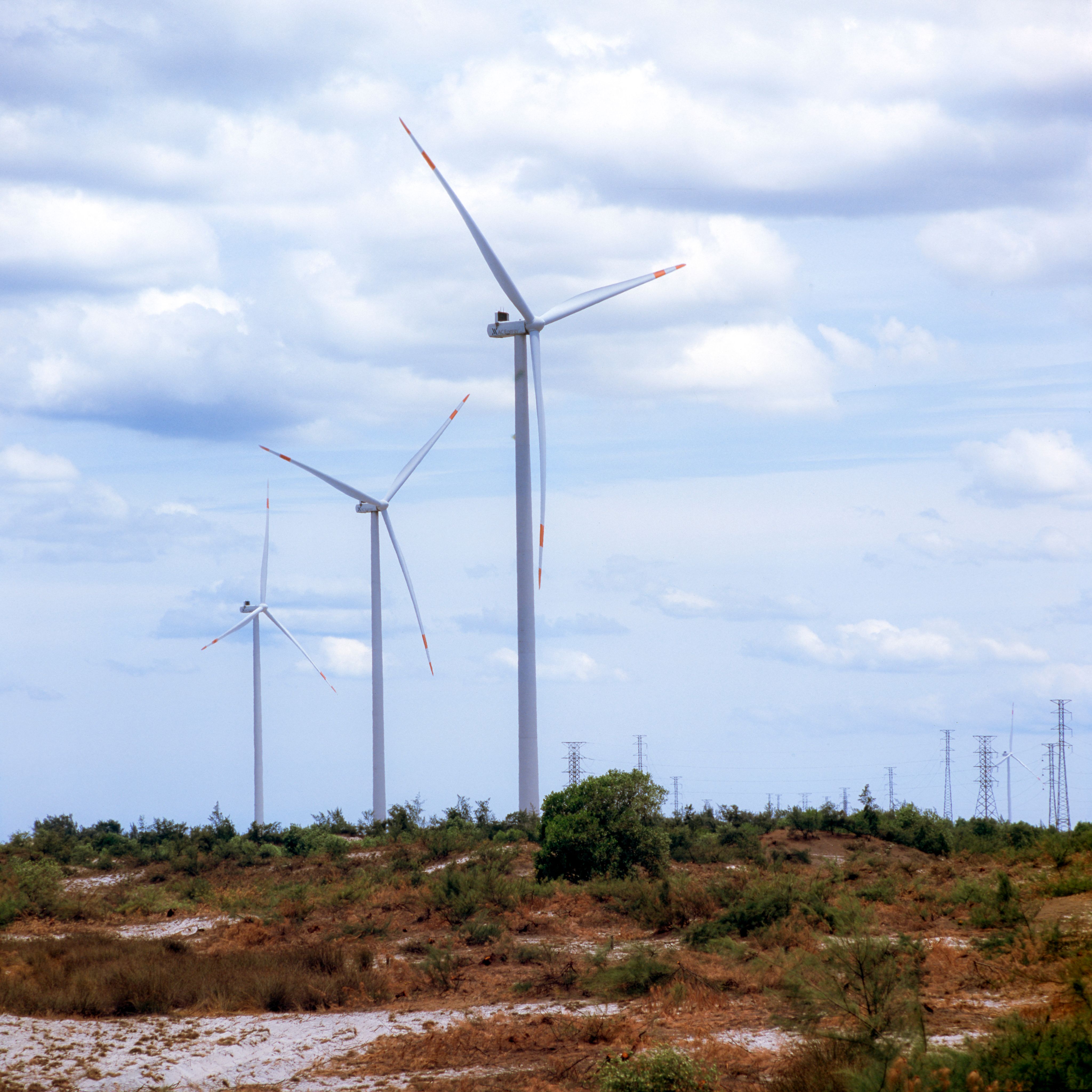 Scenic view of wind turbines in a landscape under blue skies