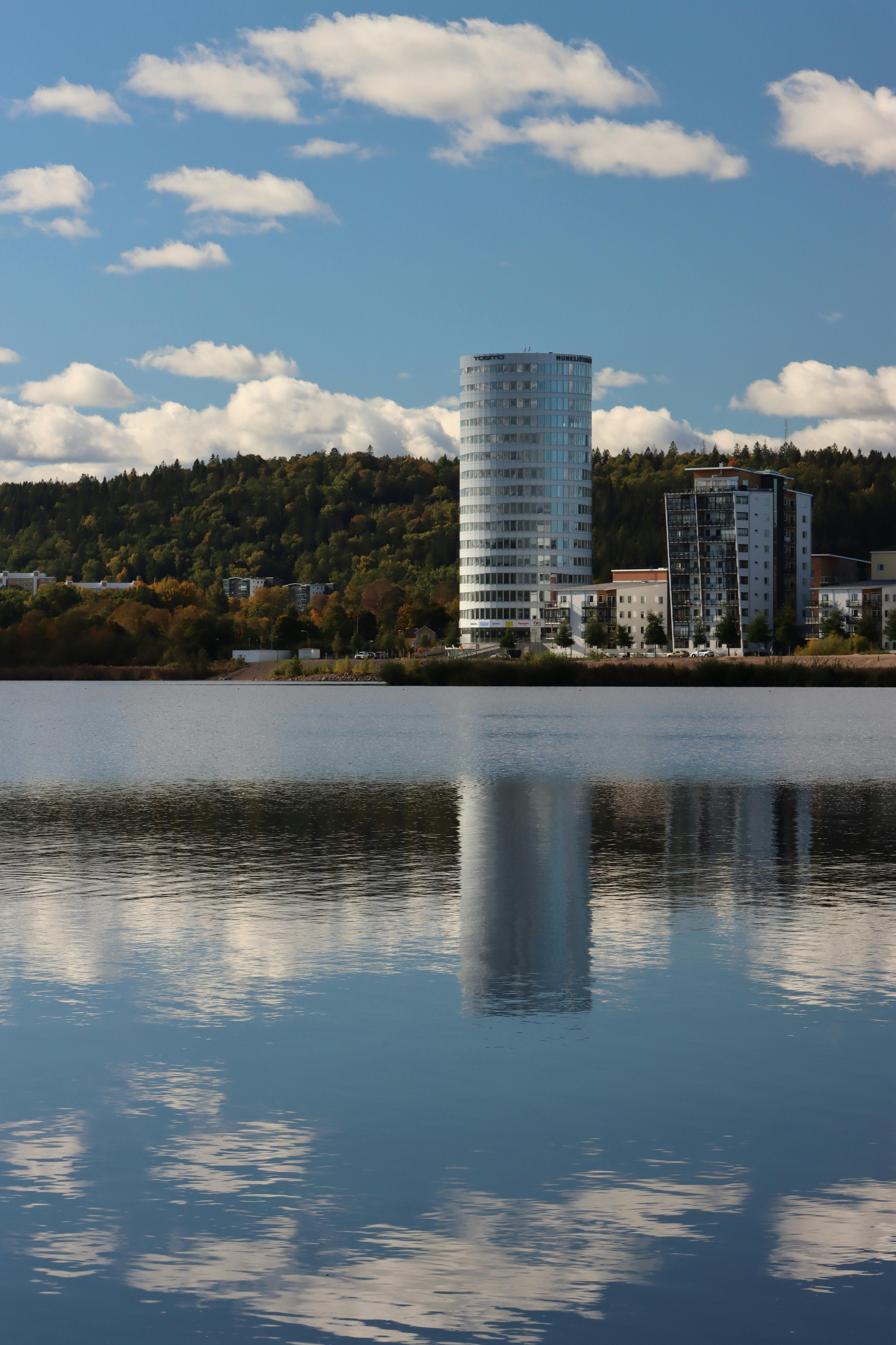 modern architecture reflecting in swedish lake