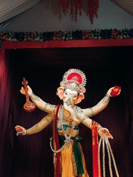 Colorful Ganesh statue displayed during the Ganesh Chaturthi festival in Mumbai, India.