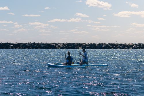 Free Two people paddleboarding on Lake Ontario in Toronto under a sunny blue sky. Stock Photo