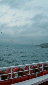 Tranquil sea with seagulls flying over, boats in the distance, and lifebuoys in foreground.