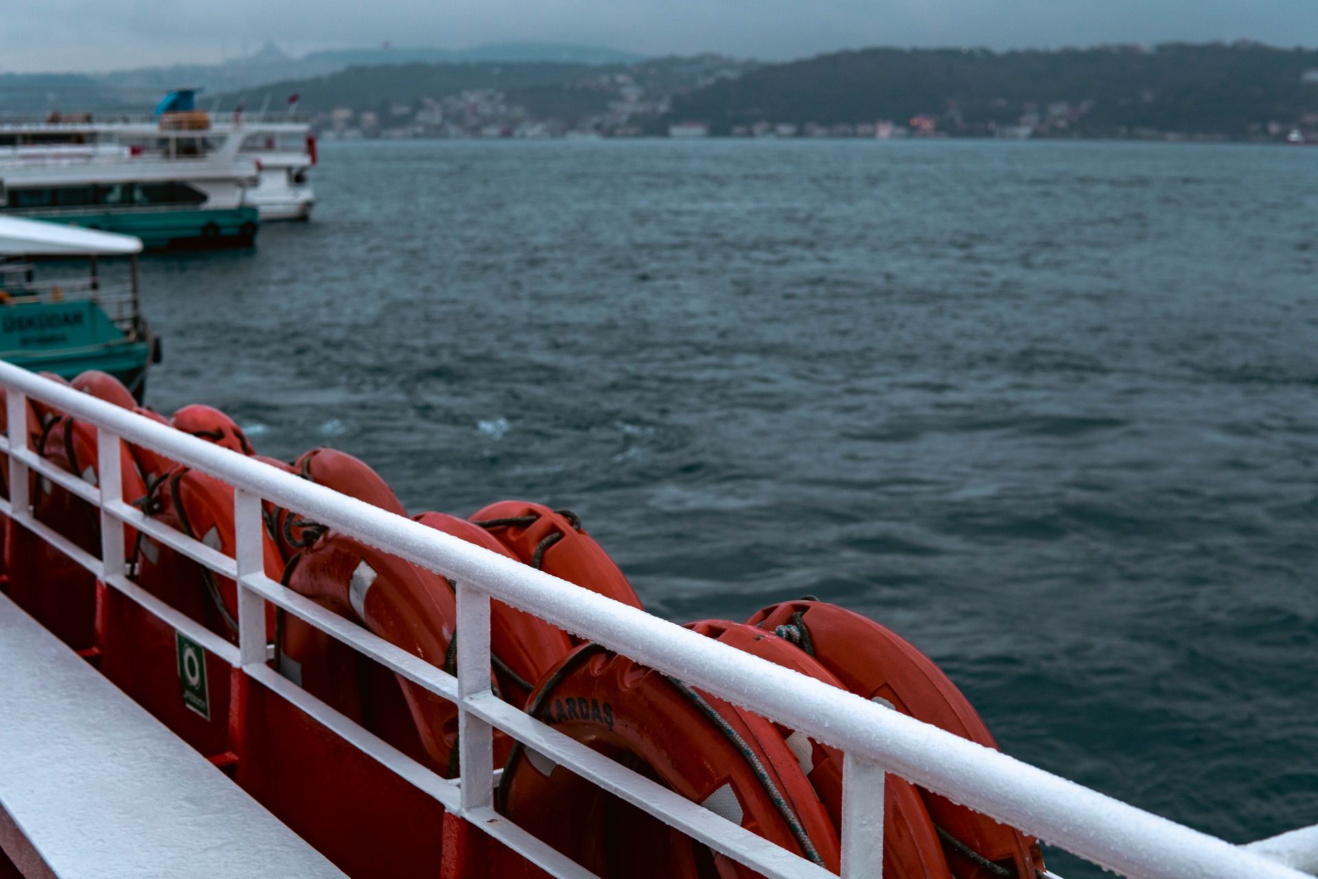 Boat deck with lifebuoys overlooking a cloudy seascape, emphasizing safety and maritime travel.
