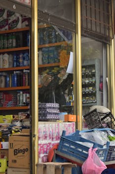 A vibrant corner store with stocked shelves, displaying cleaning supplies and groceries.
