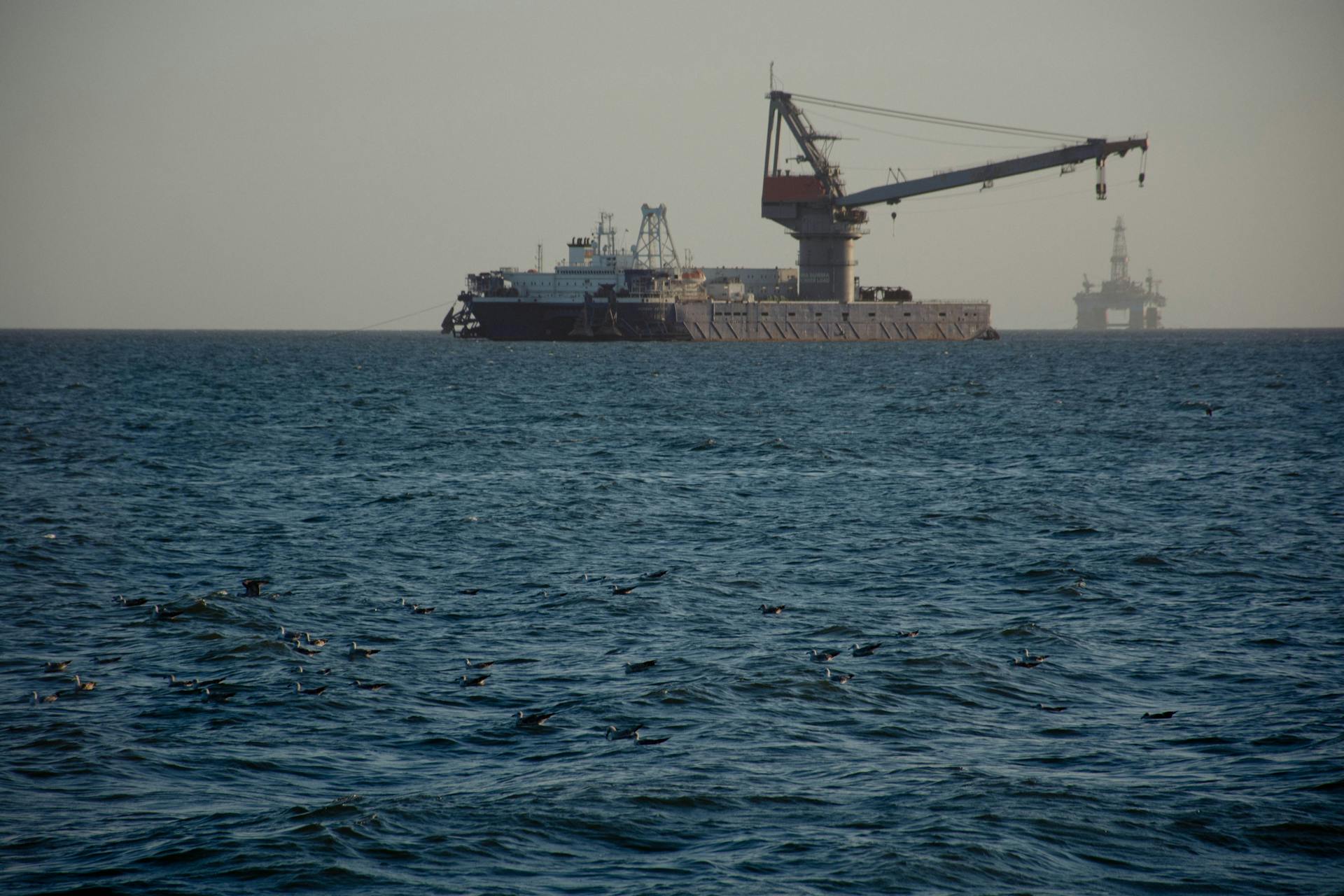 Offshore Ship with Crane on Caspian Sea