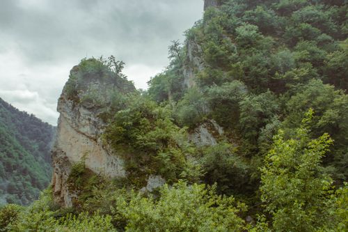 Free A stunning view of a forested rock formation surrounded by dense greenery and cloudy skies. Stock Photo
