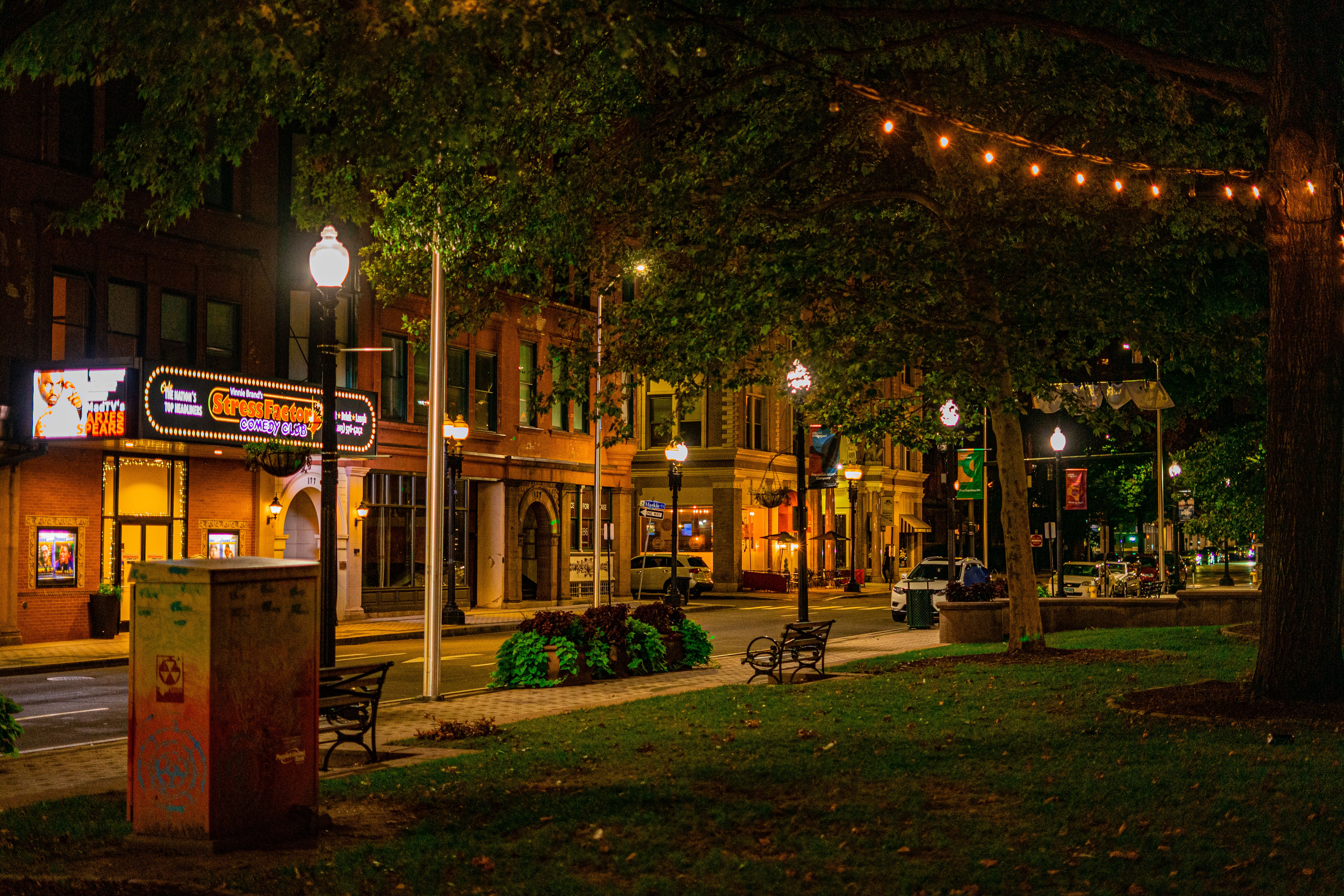 Illuminated urban street captured at night with string lights and classic architecture.