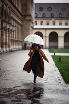 A woman in a brown coat walks holding an umbrella on a rainy city street.