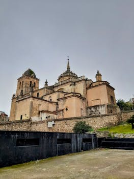 Scenic view of the historic cathedral architecture in Jerez de los Caballeros, Spain.