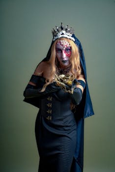 Woman in Day of the Dead costume with crown and makeup holding golden objects in a studio setting.